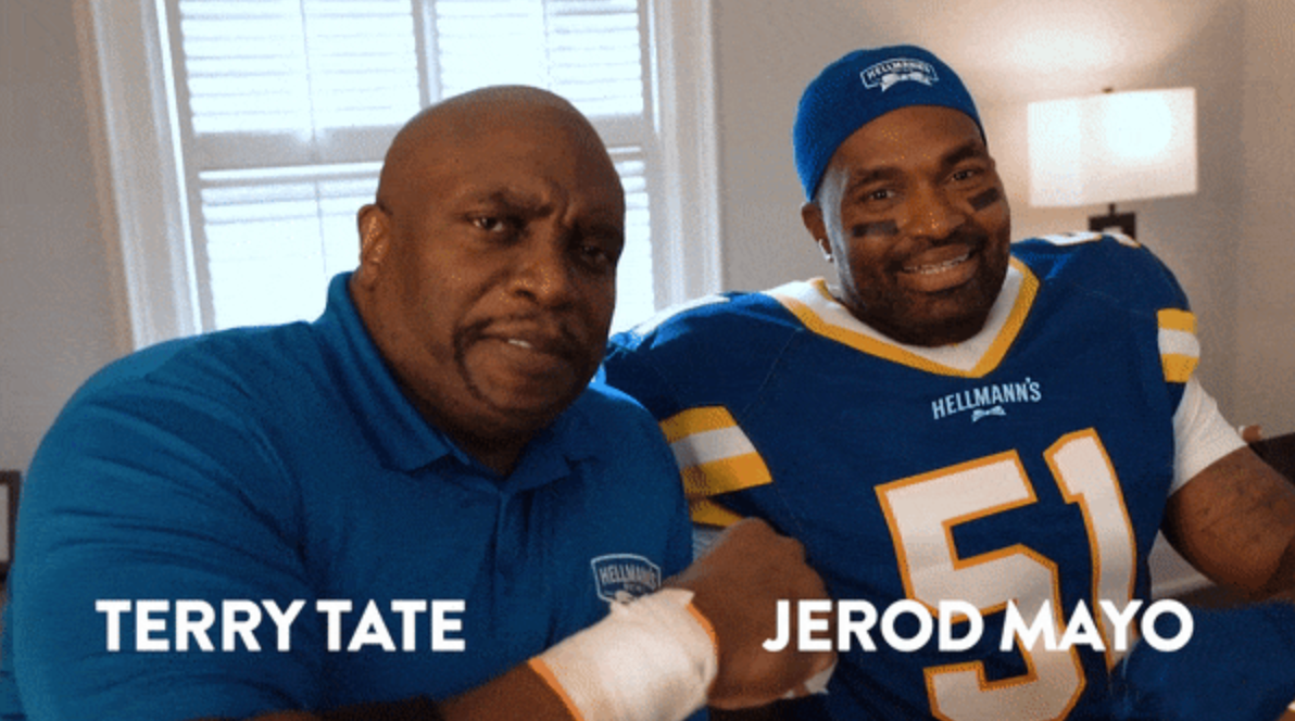 Office Linebacker Terry Tate passes the patrolling torch to Jerod Mayo for Hellmann’s Super Bowl ad