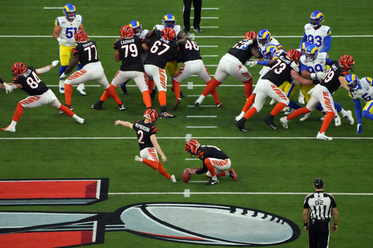 Bengals kicker Evan McPherson stayed on the field to watch the Super Bowl 56 halftime show