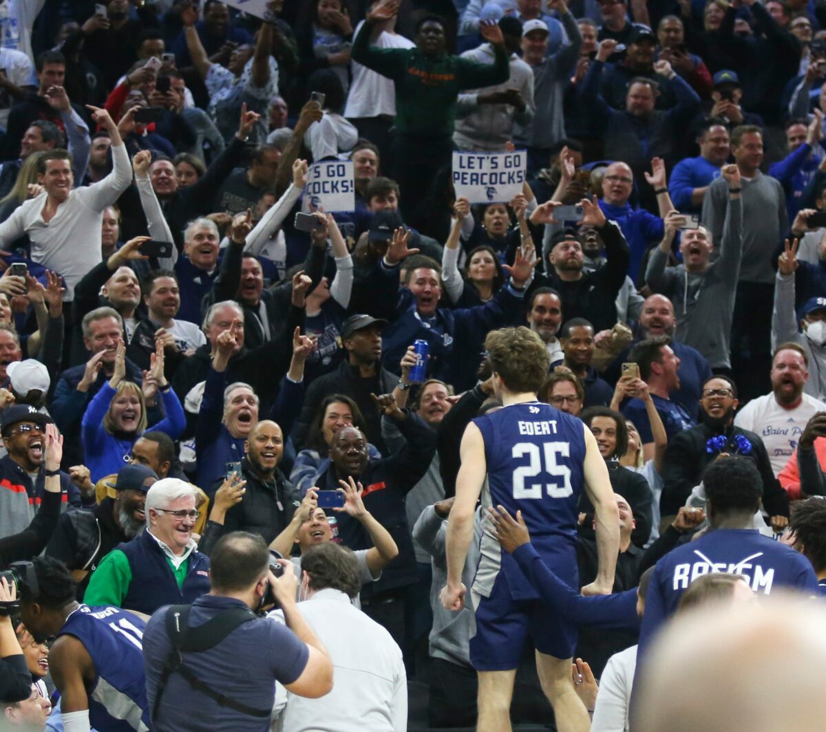 Saint Peter’s guard Doug Edert surprised his teammates and coach with his Kobe Bryant-like celebration
