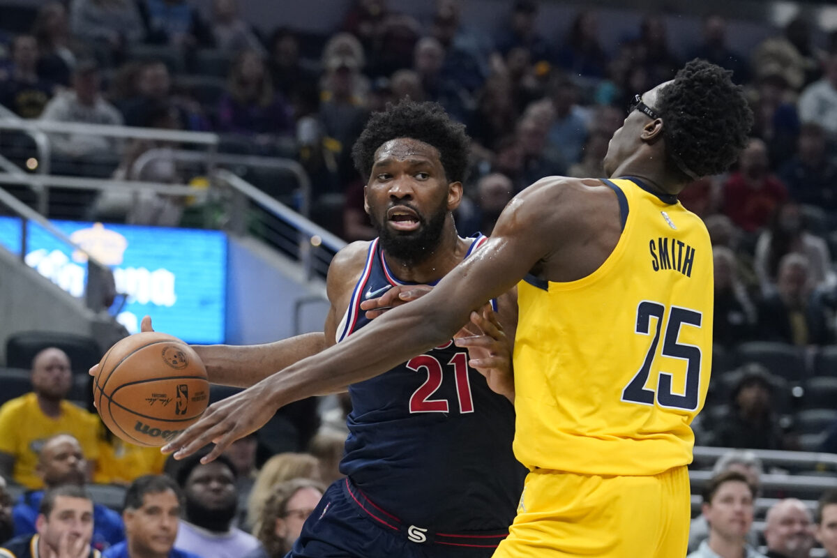 Pacers guard Justin Anderson yells for Sixers star Joel Embiid to be MVP