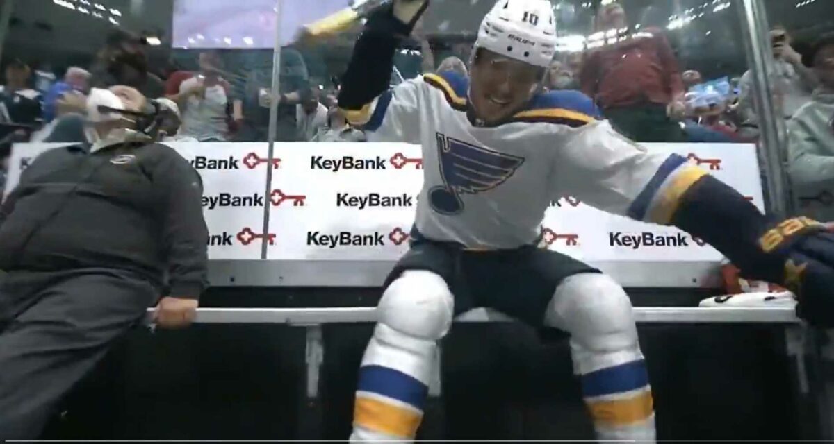 The Blues’ Brayden Schenn furiously bashed a penalty box camera in Game 1 loss