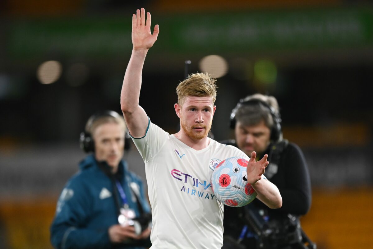 Kevin De Bruyne puts Man City two wins from title with incredible four-goal display