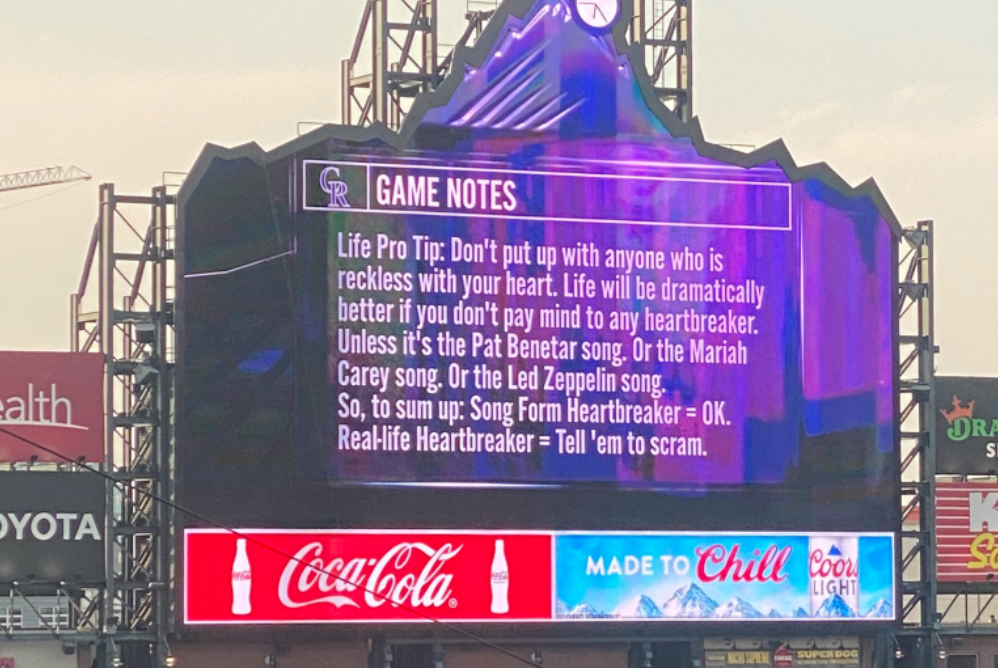 The Rockies’ scoreboard operator put up a prescient message about heartbreak before a blowout loss