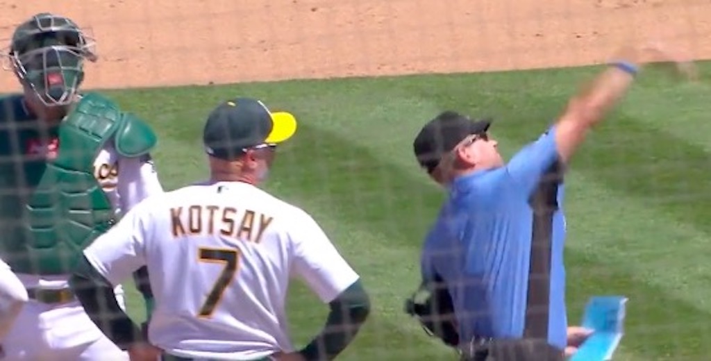 An umpire ejected A’s manager Mark Kotsay so quickly and aggressively during a mound visit