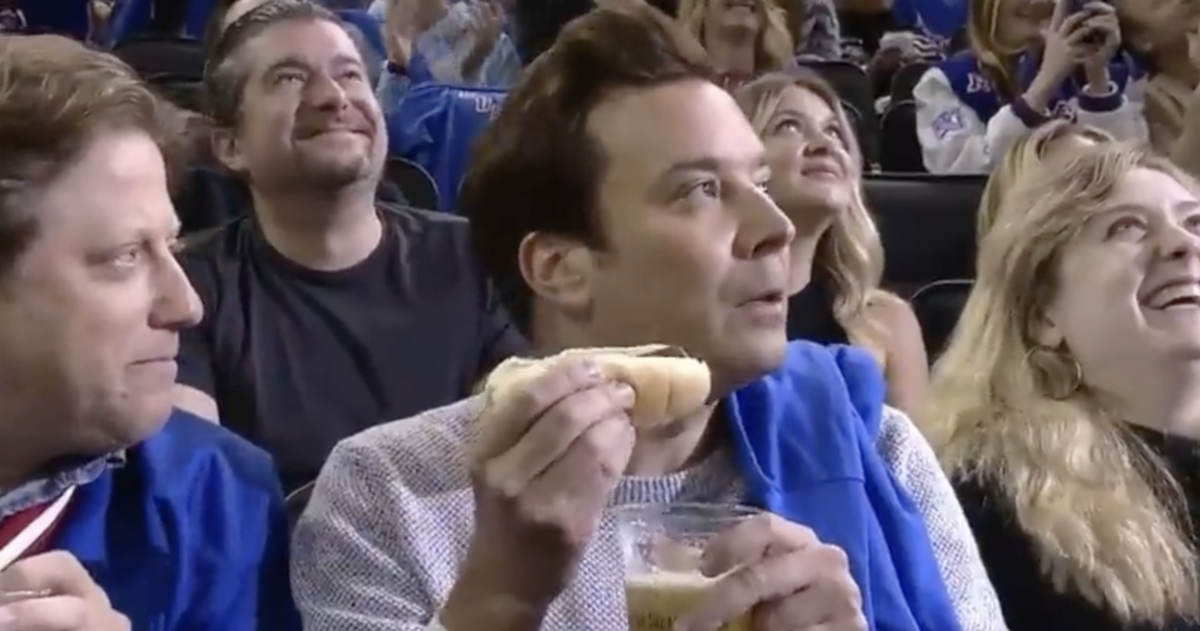 Jimmy Fallon tried, and failed, to eat a hot dog and chug a beer while cheering on Rangers in Game 5