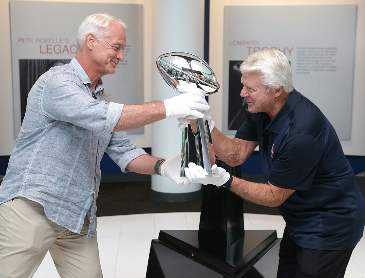 Cowboys legends Daryl Johnston, Jimmy Johnson unbox Super Bowl LVII trophy in Canton for USFL championship