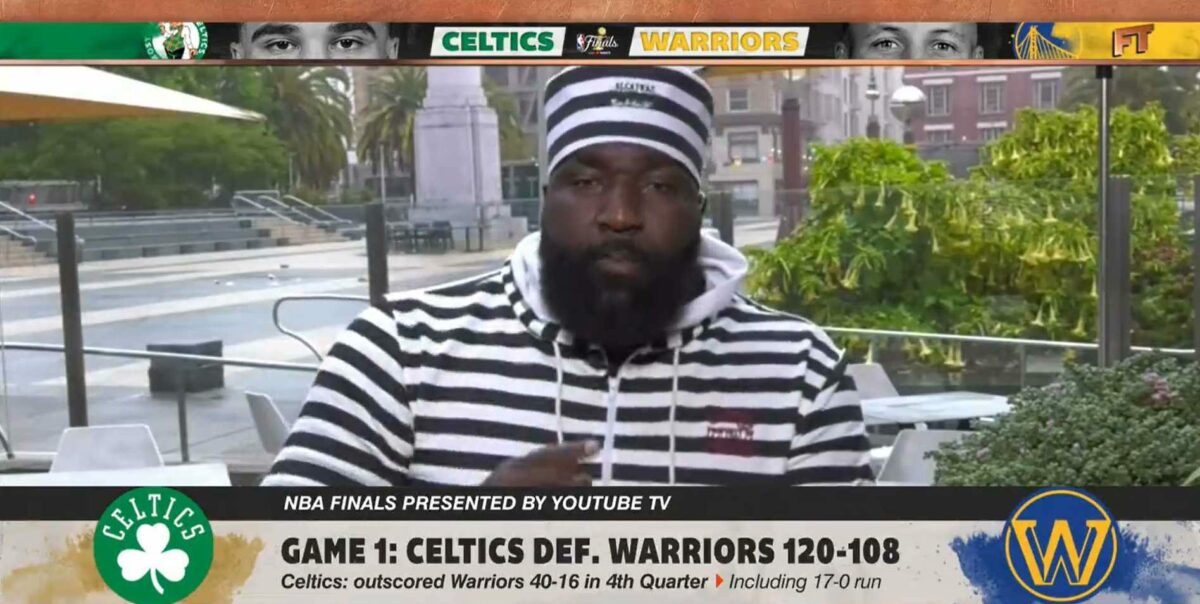 Kendrick Perkins wore a bizarre prison outfit on ‘First Take’ to make a point about the Warriors
