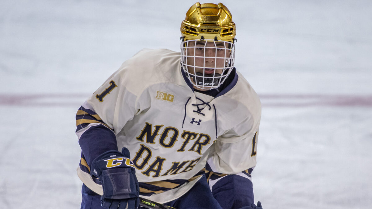 Notre Dame’s Hunter Strand waits for name to be called in NHL draft