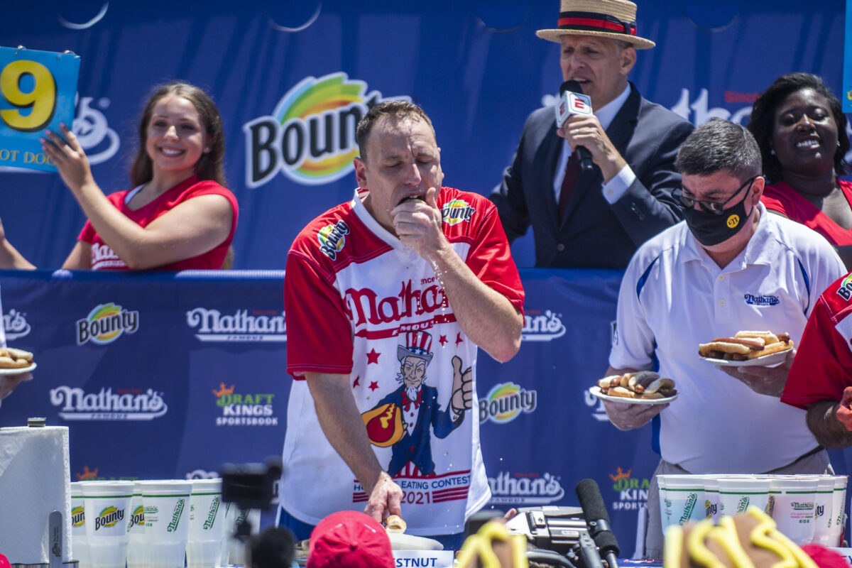 Joey Chestnut took out a protestor at the Nathan’s Hot Dog Eating Contest (and still won by 15 dogs)