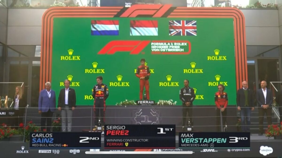 Para la transmisión de la F1, Checo Pérez ganó la carrera con Ferrari