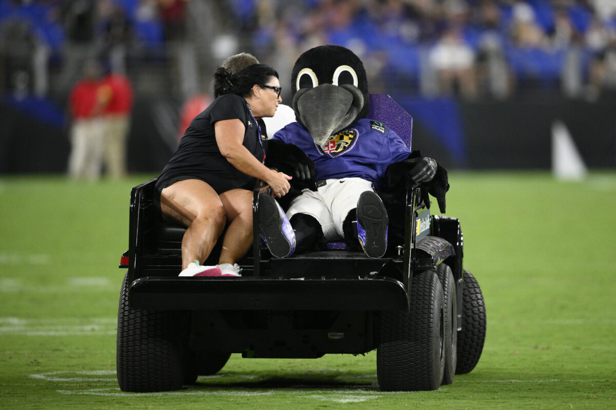 Ravens mascot is carted off the field