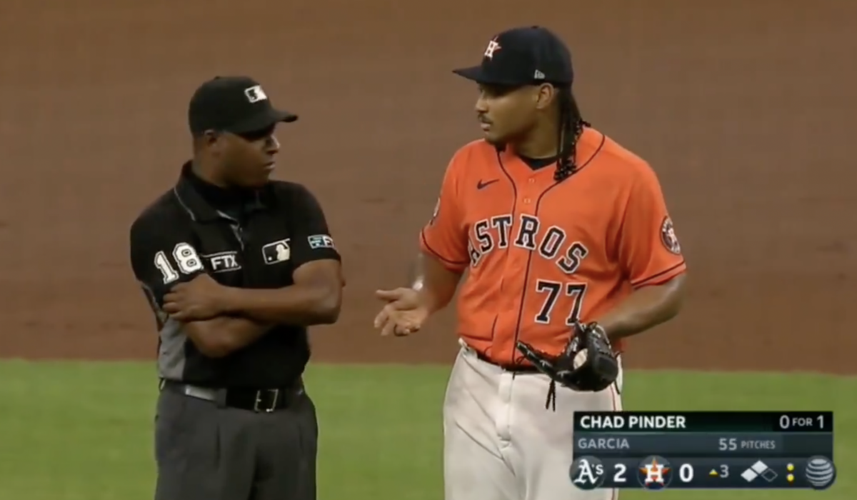 Umpires called the Astros’ Luis Garcia on a quirky bases-loaded balk and he was furious