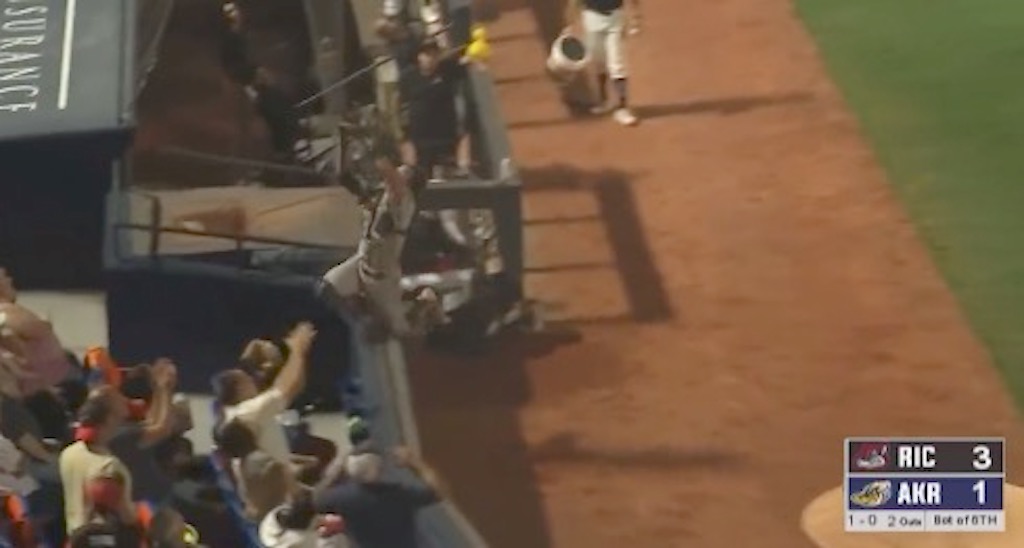 A minor league catcher dove into the netting behind home plate to make a ridiculous catch