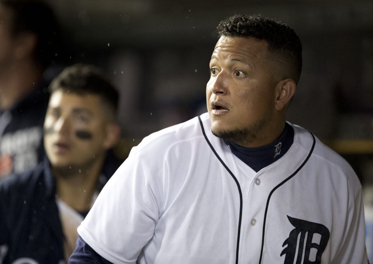 Miguel Cabrera made a hilarious prayer to the heavens after a foul ball just barely missed him