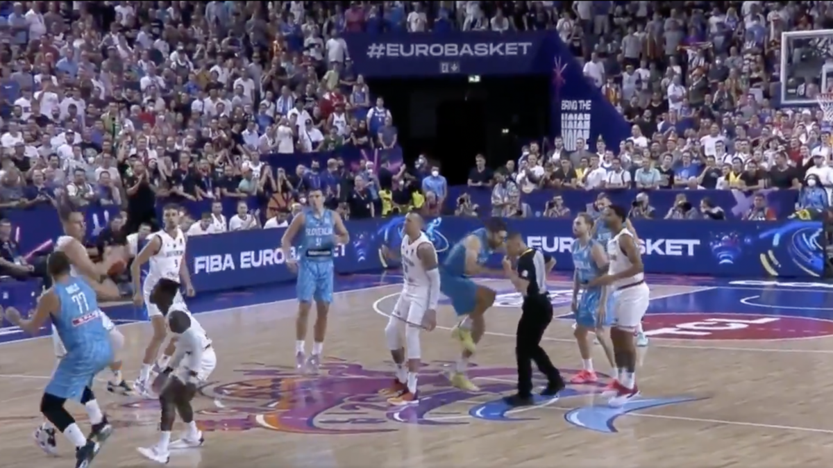Slovenian shockingly injured himself on the tipoff after landing on a ref during the EuroBasket tournament