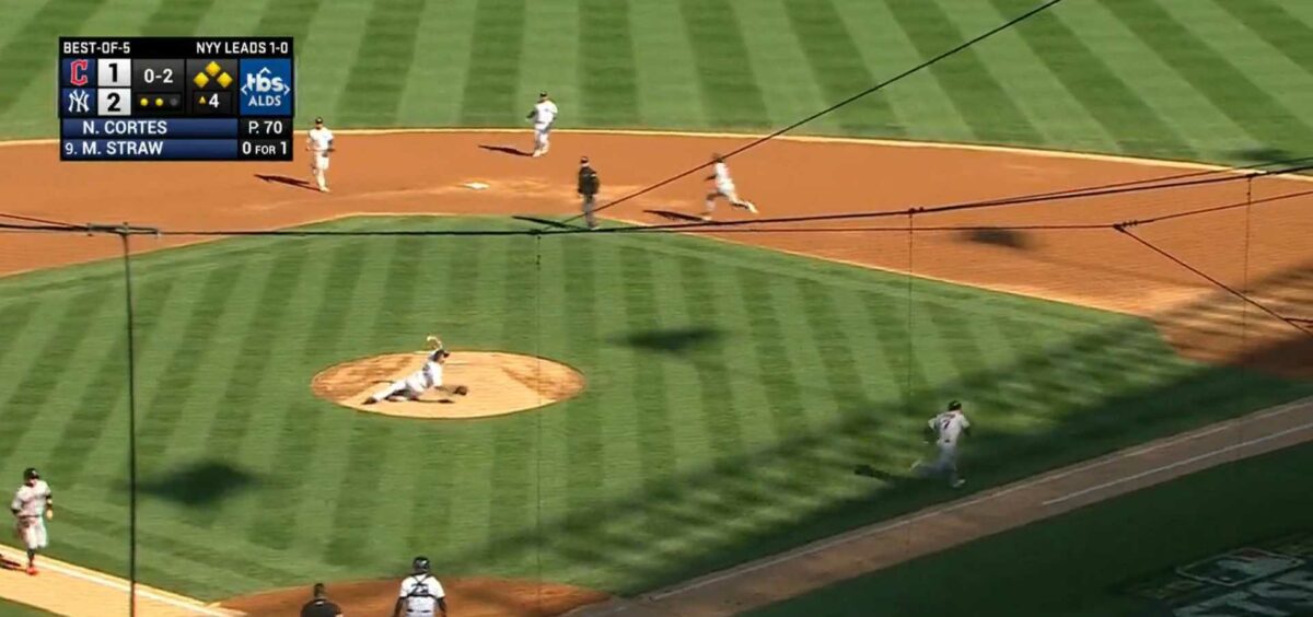 Nestor Cortes survived a bases loaded situation with an absurdly athletic fielding play