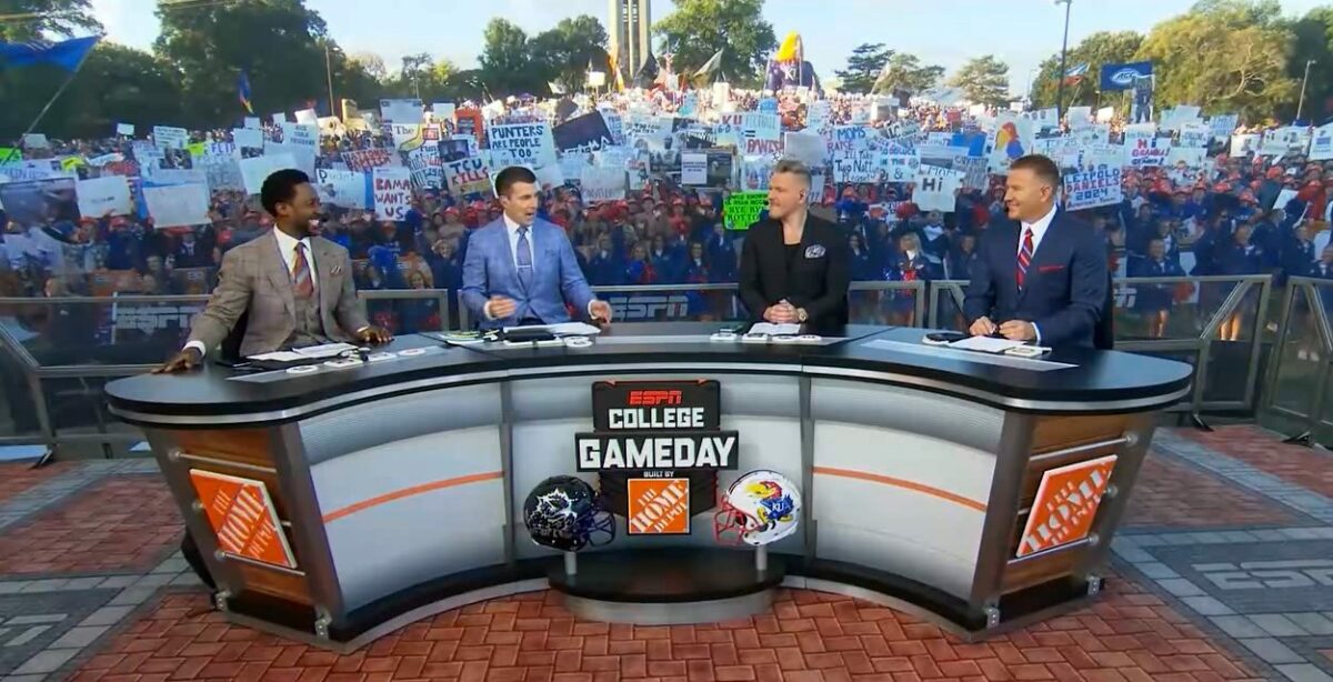 College GameDay in Kansas opened with a chilling Rock Chalk chant and hilarious signs