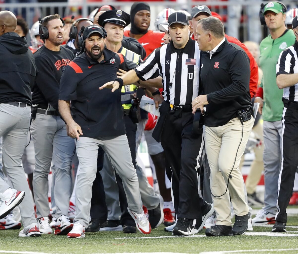 Watch: Ohio State’s Ryan Day, Rutgers’ Greg Schiano shake hands following heated end to game