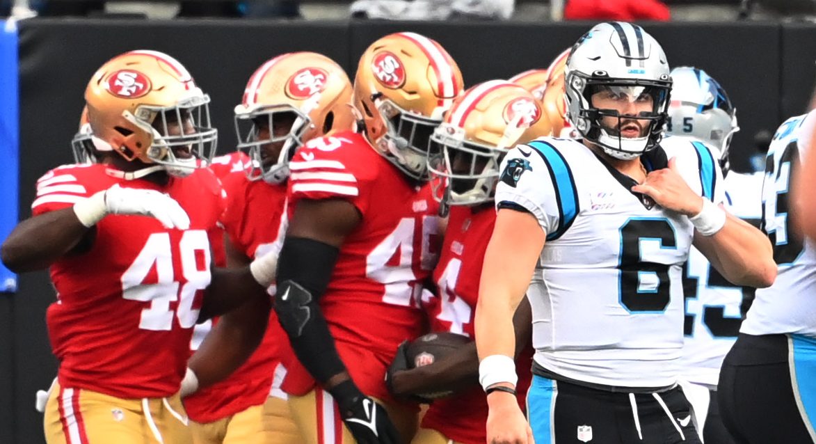 WATCH: Panthers QB Baker Mayfield throws egregious pick-6 to 49ers