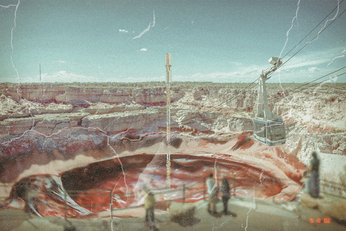 A digital illustration of a surreal red and gray landscape.