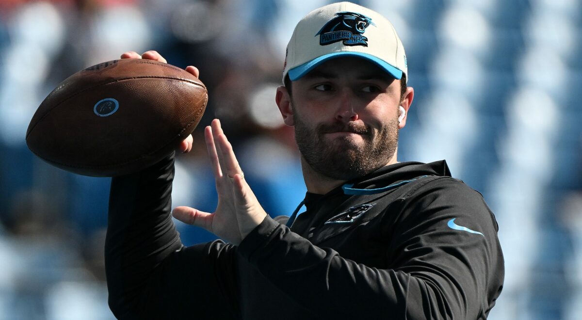 Panthers QB Baker Mayfield arrives to Thursday’s practice with new look