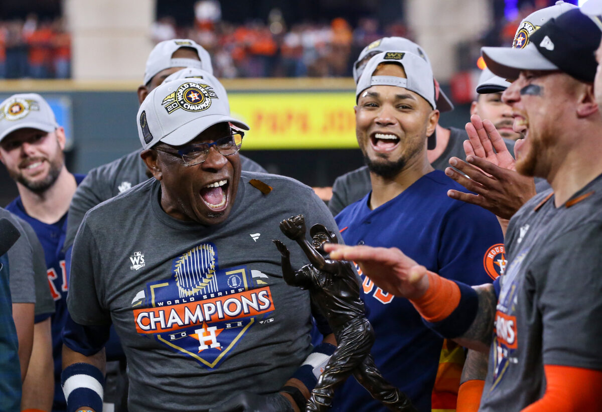 Texans coach Lovie Smith congratulates Astros, manager Dusty Baker on World Series win