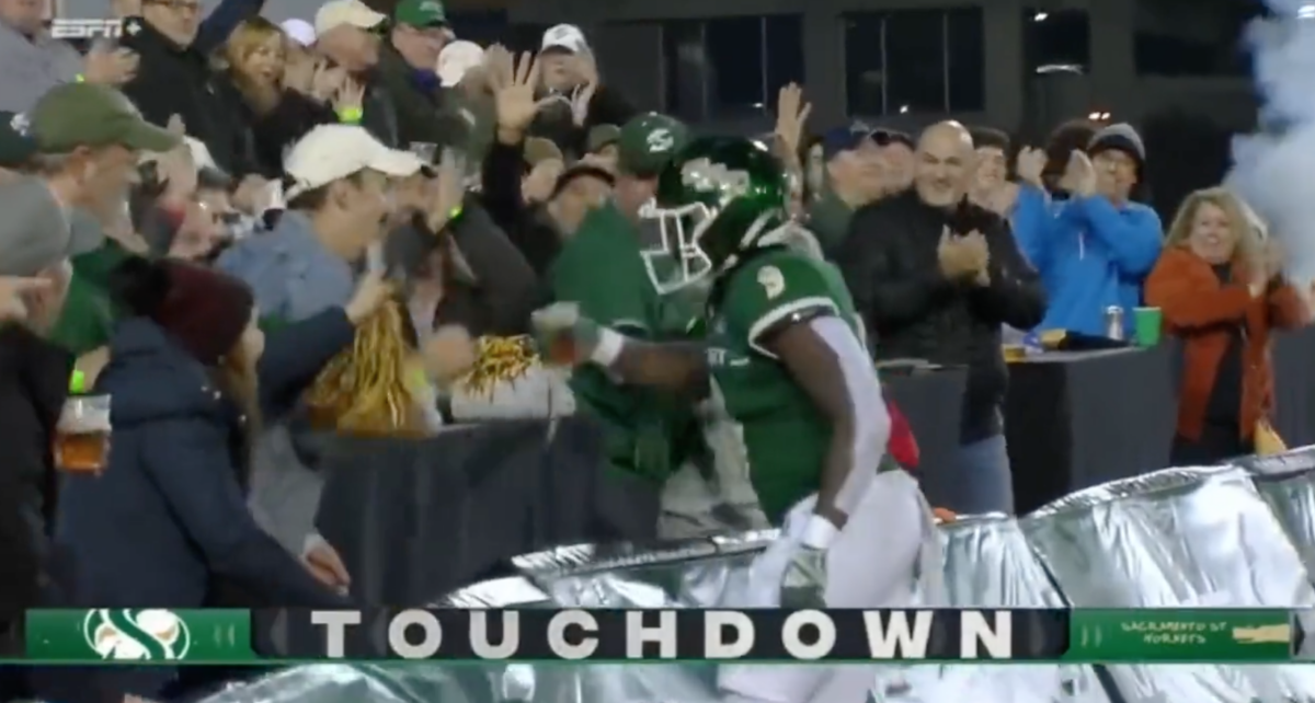 Sacramento State’s Marcus Fulcher celebrated a touchdown in the FCS quarterfinals by pretending to chug a fan’s beer