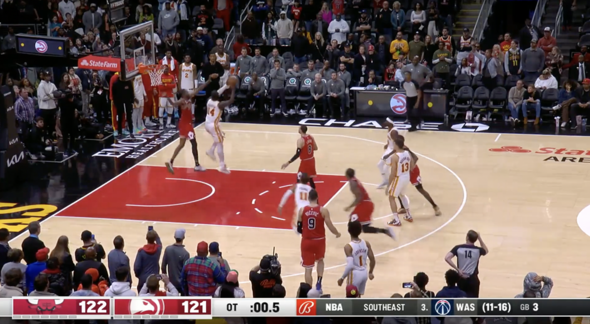 The courtside camera angle of Hawks rookie AJ Griffin’s buzzer-beater is jaw-dropping