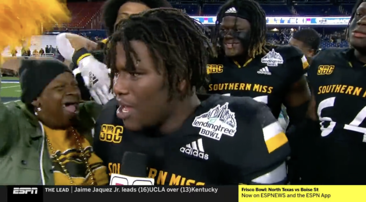Frank Gore Jr.’s delightful auntie crashed his interview after a record-breaking bowl performance for Southern Miss