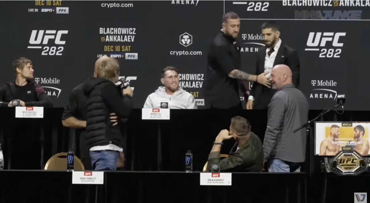 Video: Security steps between Paddy Pimblett and Ilia Topuria at UFC 282 press conference during heated confrontation