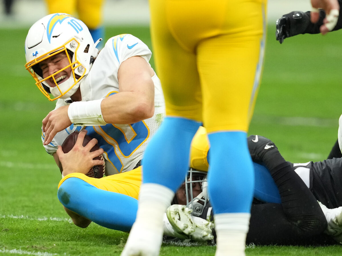 Chargers’ depleted offensive line outmatched in loss to Raiders