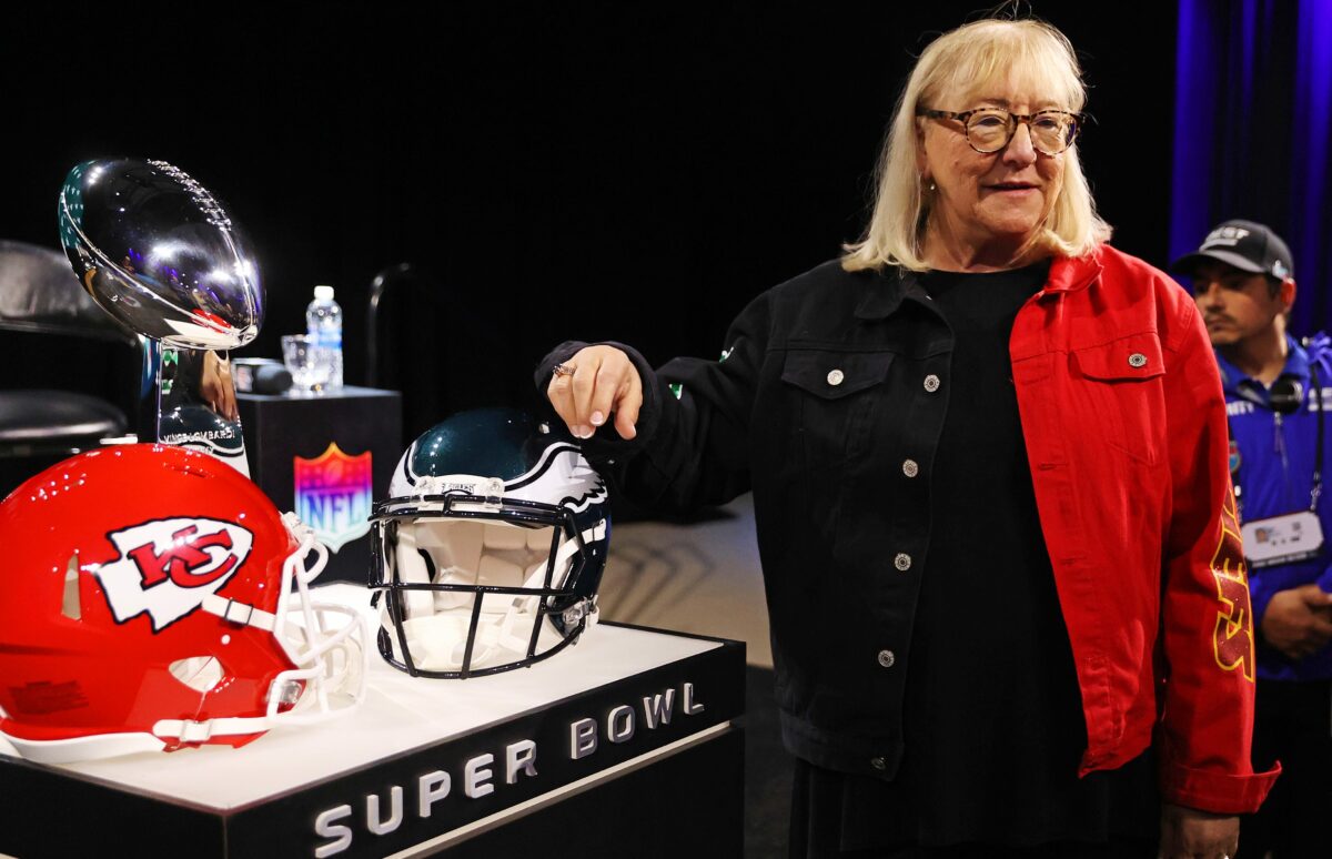 Donna Kelce, Travis and Jason’s mom, had a perfect split fit to root on her sons at the Super Bowl