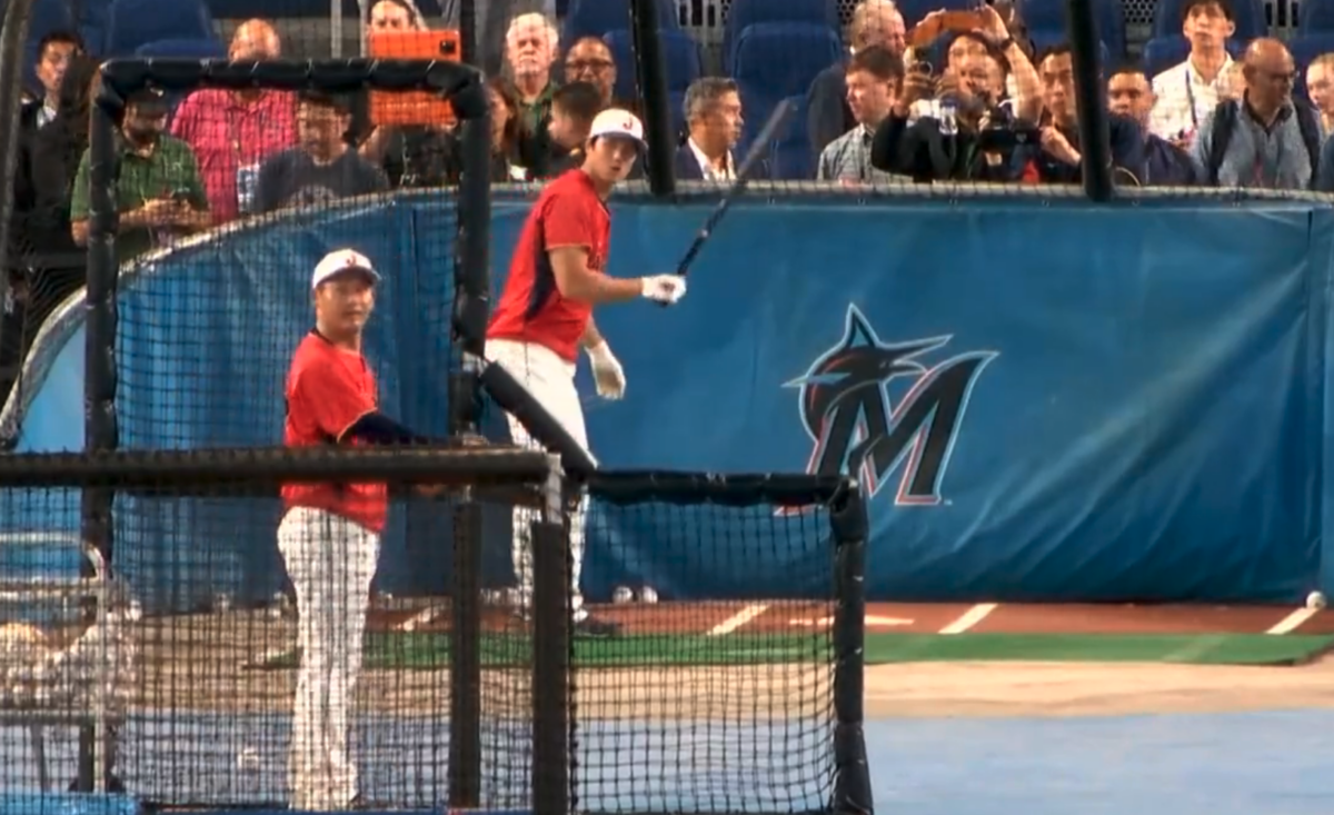 Listen to the thunderous echo of Shohei Ohtani clobbering a ball off the videoboard during batting practice