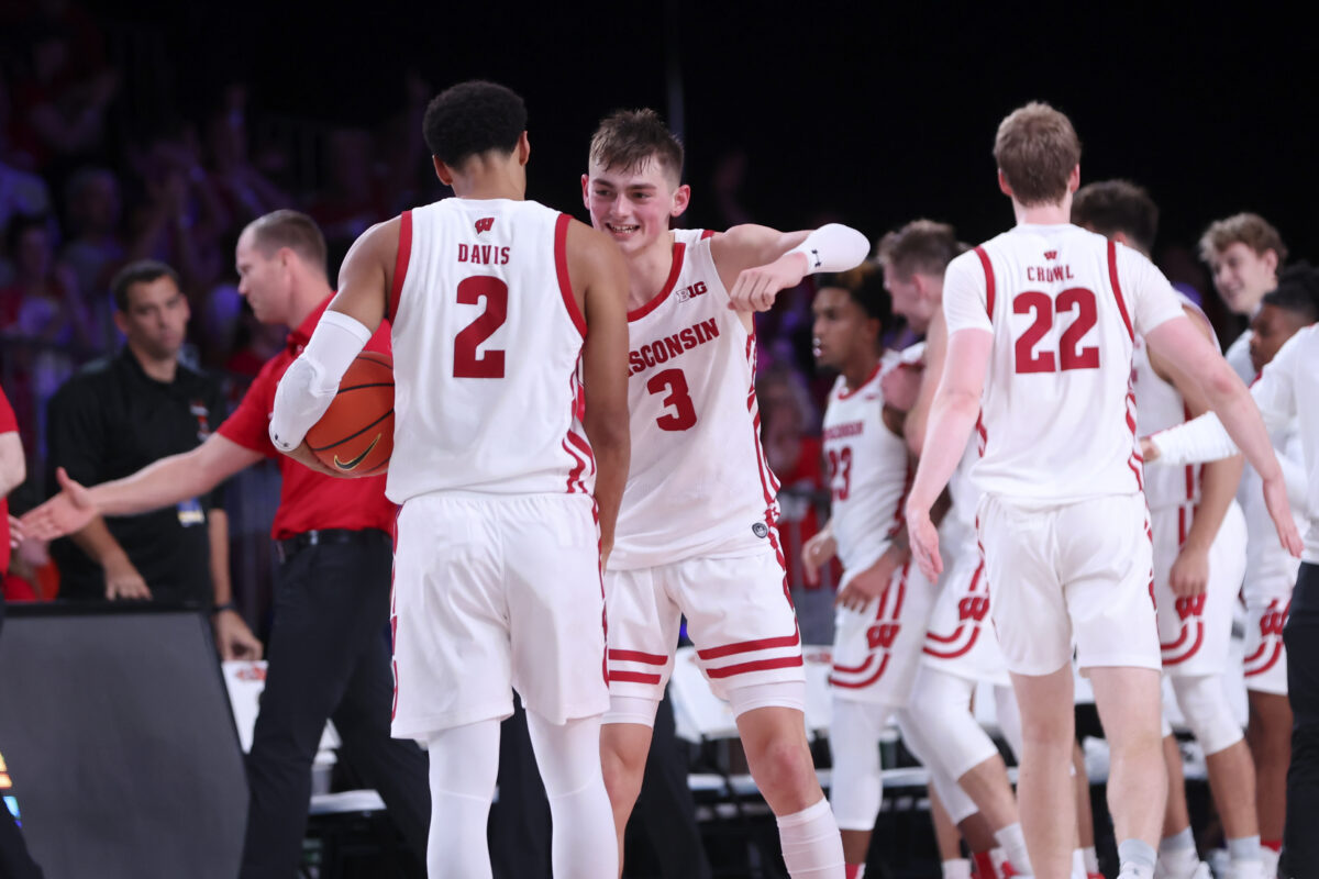 Wisconsin guard Connor Essegian reacts to Jordan Davis entering the transfer portal