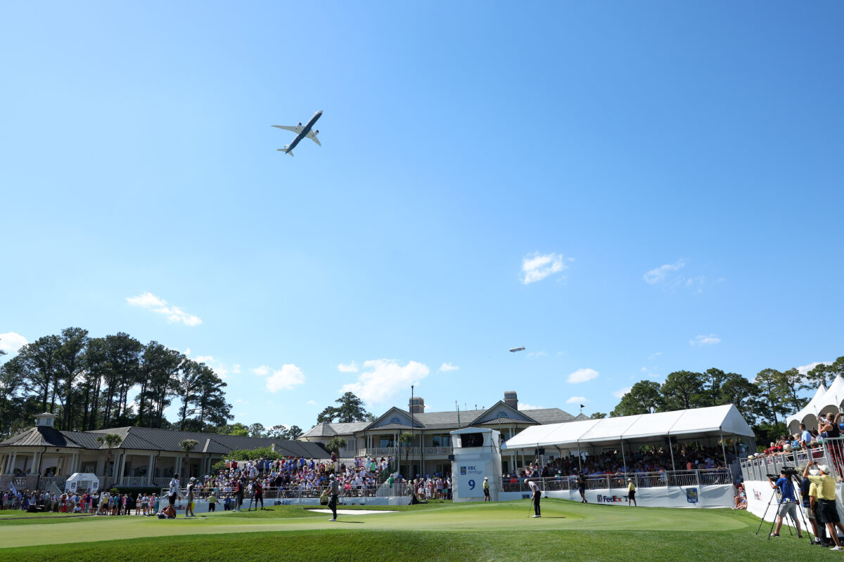 Boeing Dreamliner does flyover at Harbour Town Golf Links during RBC Heritage
