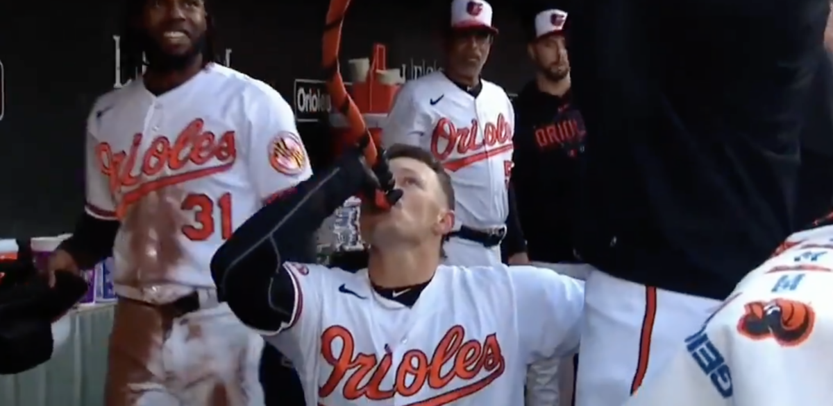 Orioles raise the bar for home run celebrations by chugging water through a beer funnel