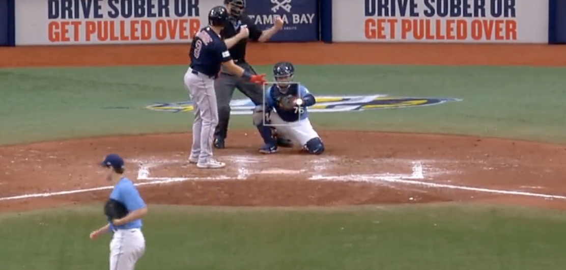 The Rays’ Kevin Kelly threw a perfect pitch with 23 inches of break that left Reese McGuire fuming