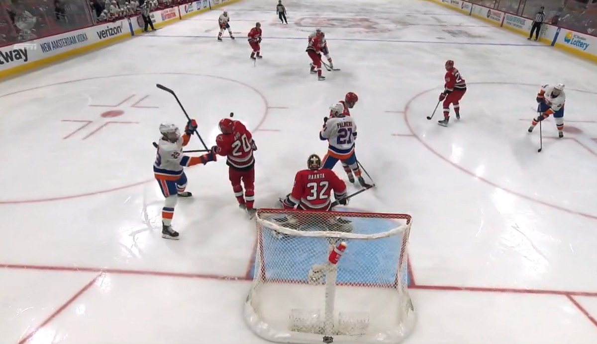 The Islanders scored a goal after the puck deflected off Sebastian Aho’s face and it looked so painful