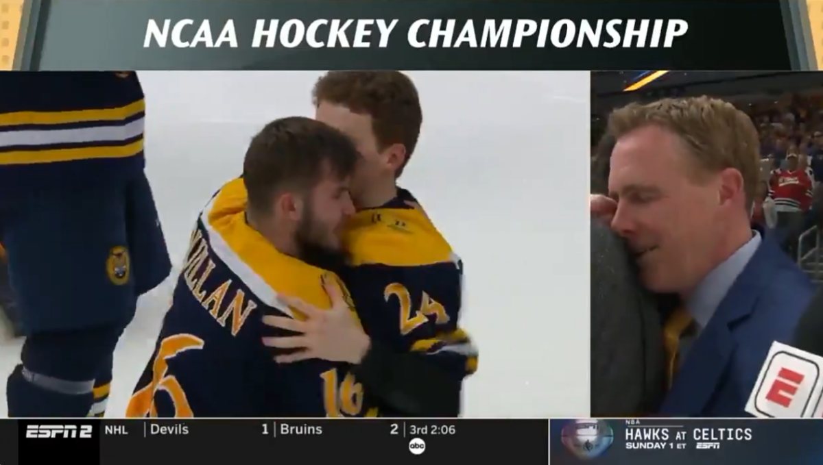 Quinnipiac’s ice hockey coach got a hug from an ESPN reporter mid-interview after his team won a title