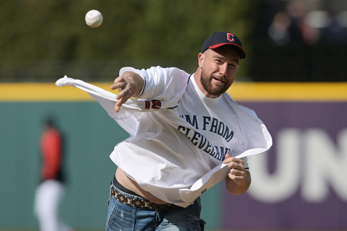 Travis Kelce whiffed a first pitch at a Guardians game, and Patrick Mahomes roasted him for it