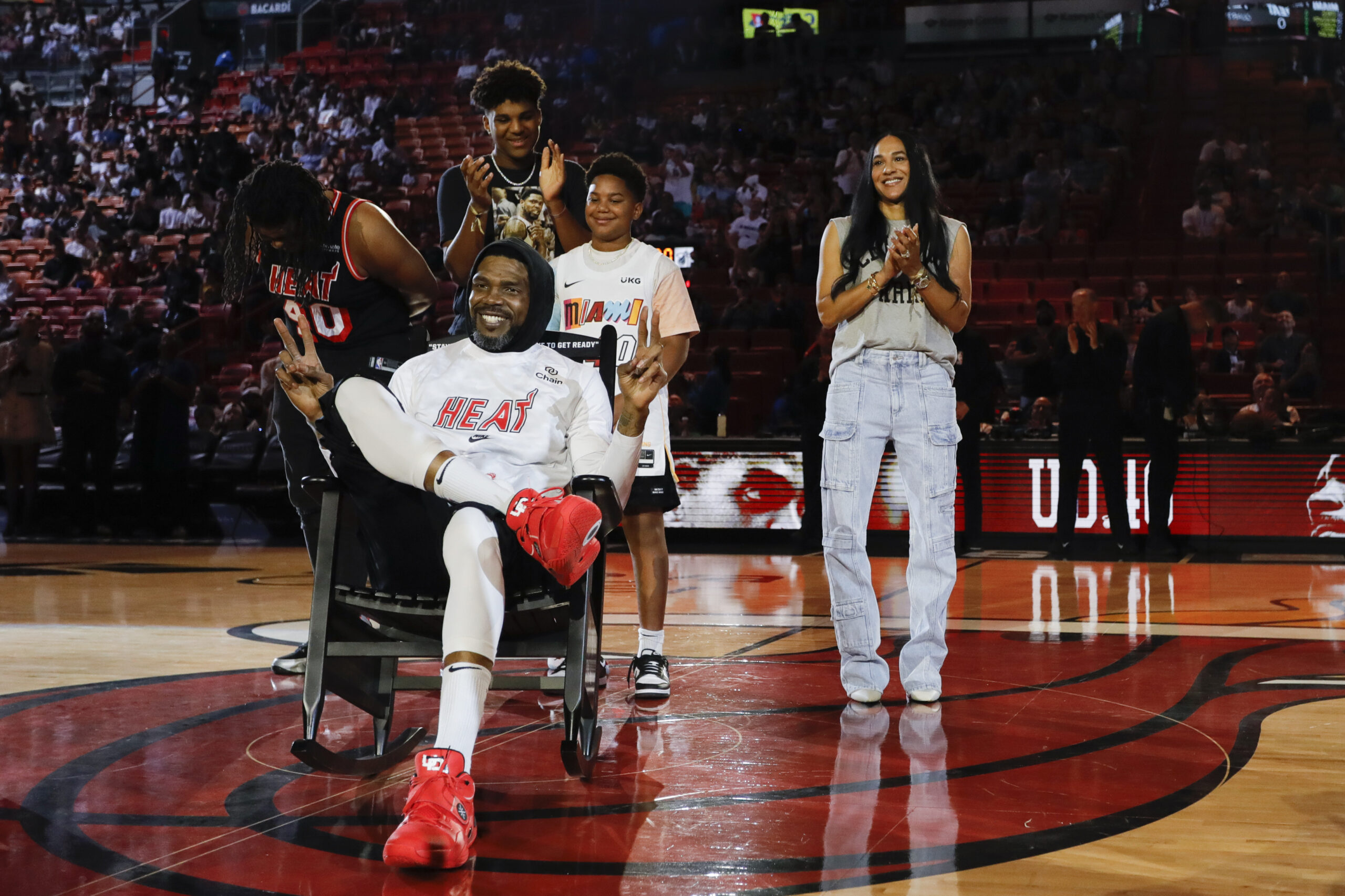Udonis Haslem was hilariously gifted a rocking chair by the Miami Heat ahead of his last regular-season game