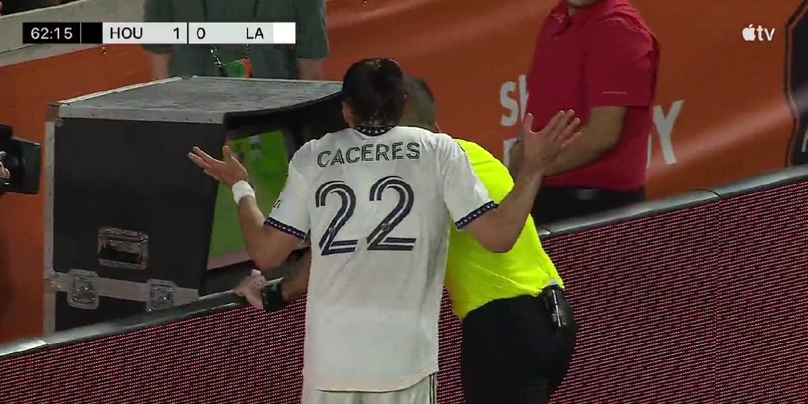 Galaxy defender Martín Cáceres earned a completely unnecessary red card while interfering with a video review