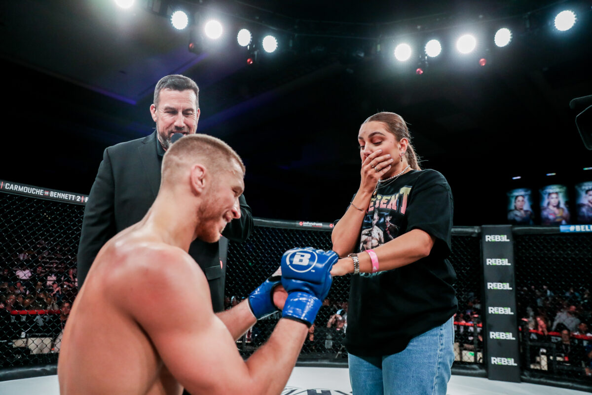 Bellator 293 video: Luke Trainer proposes inside the cage after submitting Sullivan Cauley