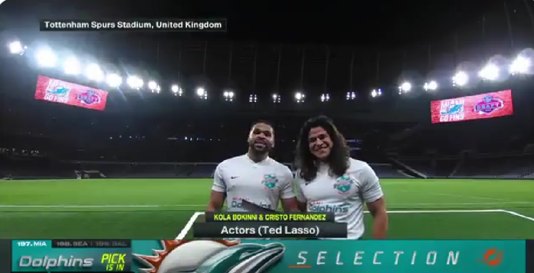 Kola Bokinni and Cristo Fernández  from Ted Lasso surprised Dolphins fans by announcing a Miami draft pick