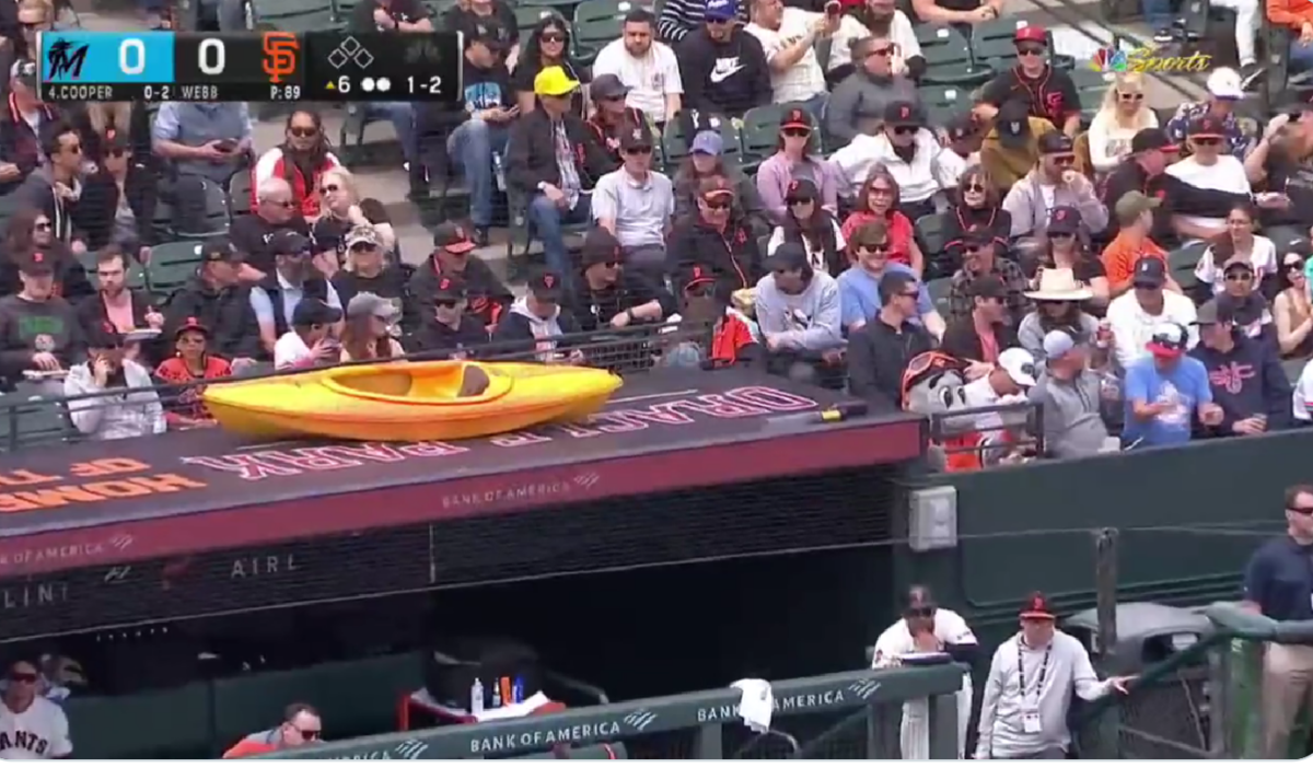 Why was there a kayak sitting on top of the San Francisco dugout during Giants-Marlins?