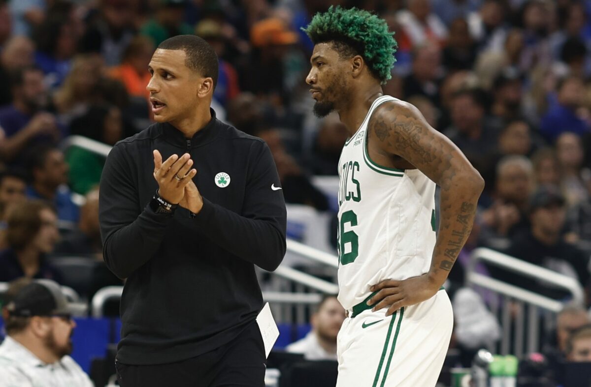 Celtics head coach Joe Mazzulla reacts to the Marcus Smart trade