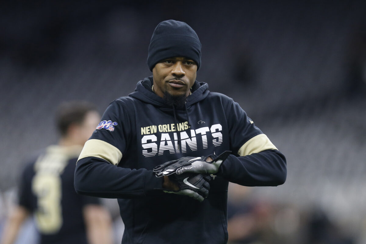 Ted Ginn Jr. coaching up Saints wide receivers at minicamp practices