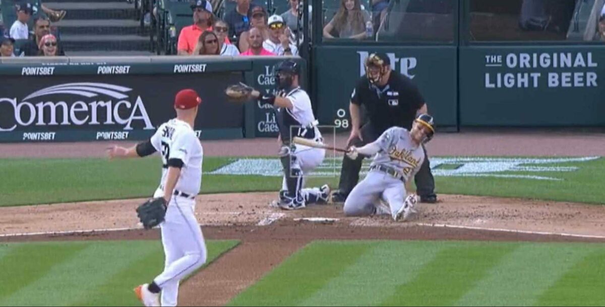 A Tarik Skubal fastball completely fooled an A’s infielder and sent him awkwardly sprawling