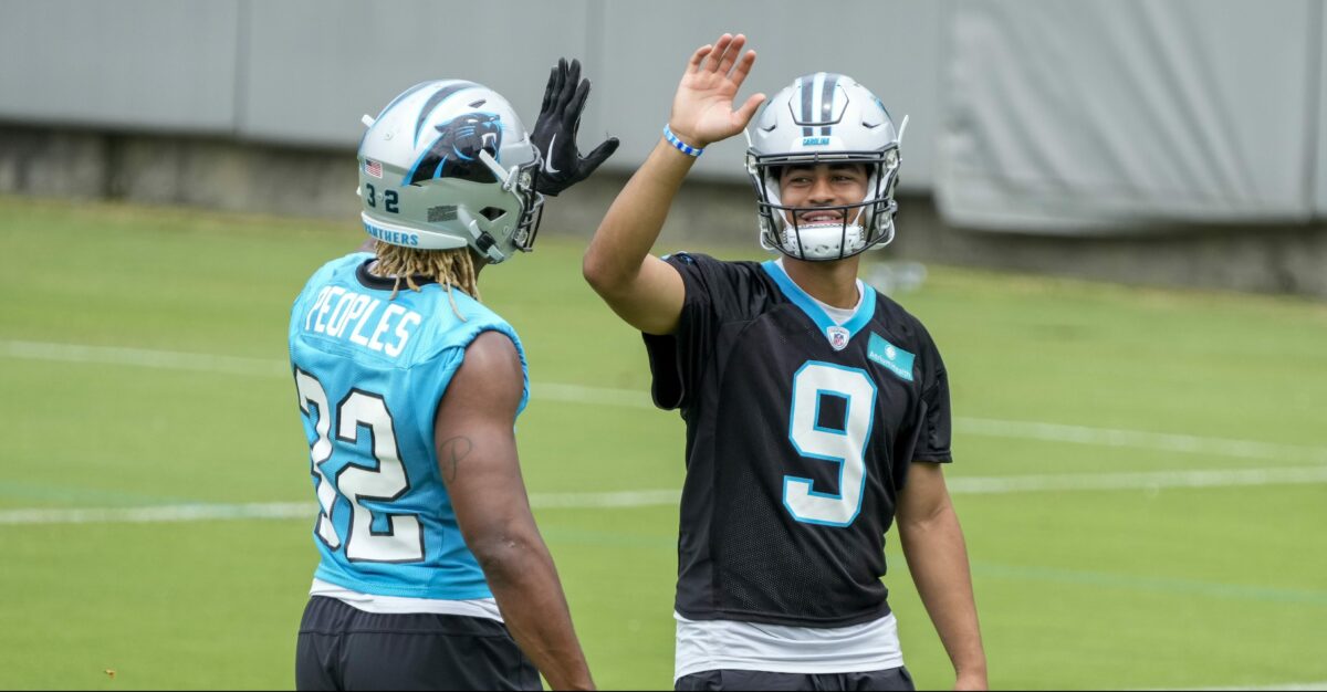 Bryce Young working out with Panthers WRs (and Camerun Peoples) during break
