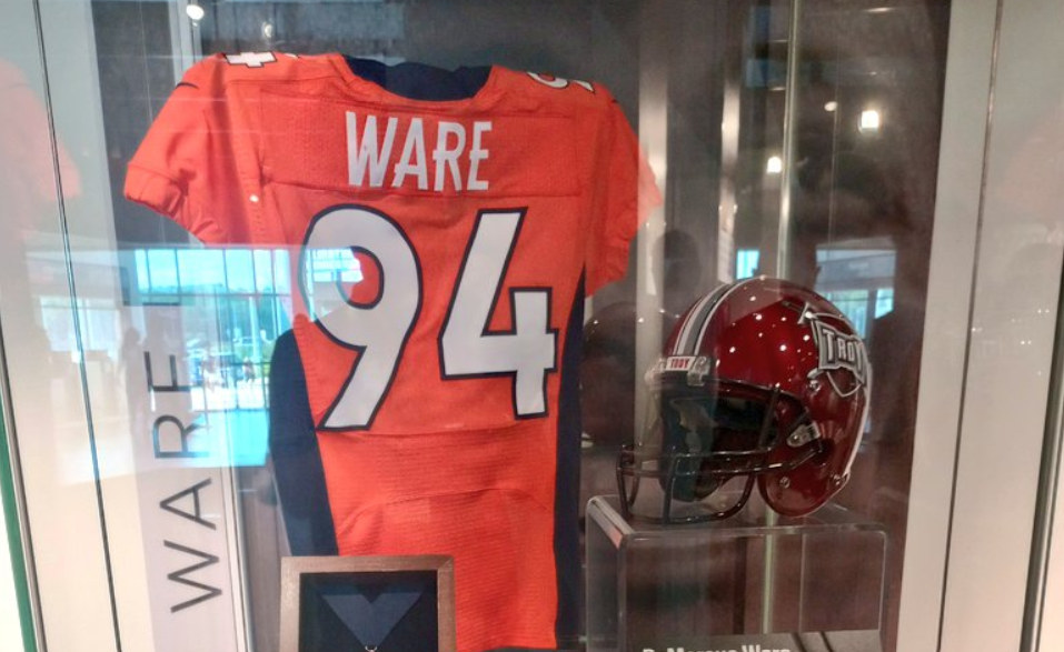DeMarcus Ware’s Hall of Fame display does not feature a Cowboys jersey or helmet